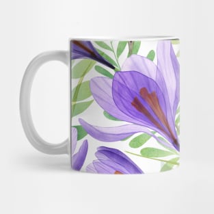 Crocus transparent flowers and green spring leaves composition. Watercolor translucent Saffron Crocus blossom Mug